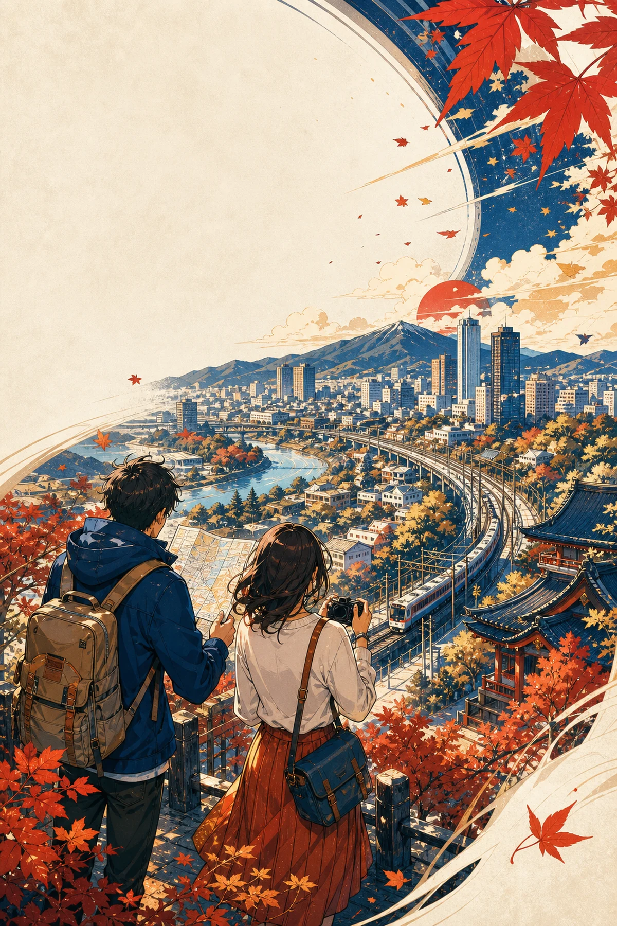 秋の埼玉の街並みを眺める二人の旅人を描いたオリジナルイラスト